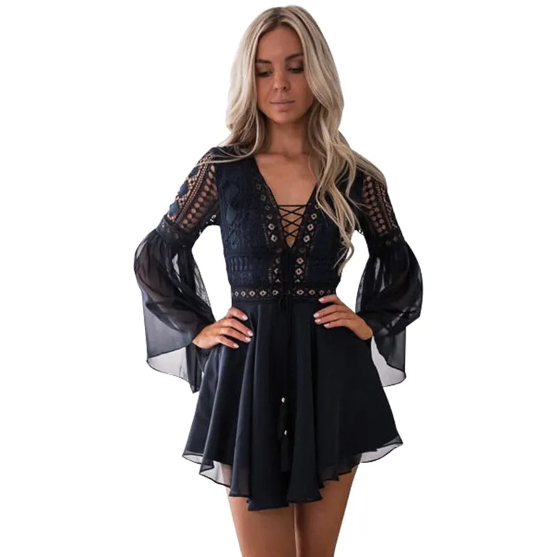 VenusFox Women Lace Long Sleeve Sexy Mini Dress