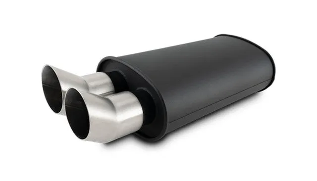 Vibrant STREETPOWER FLAT BLACK Oval Muffler with Dual 304SS Brushed Tips; Inlet ID: 2.50" (63.5mm) Tip OD: 3.00" (76.2mm); Muffler Body Size: 9"W x 5"H x 15"L; Tip Location: Center of End Cap  - 12330