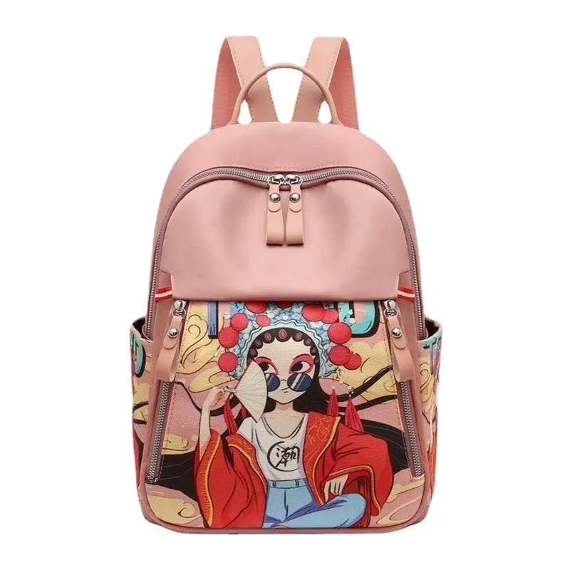 Women Cartoon Peking Opera Characters Printed Backpack Large Capacity Multi-pocket Shoulder Bag