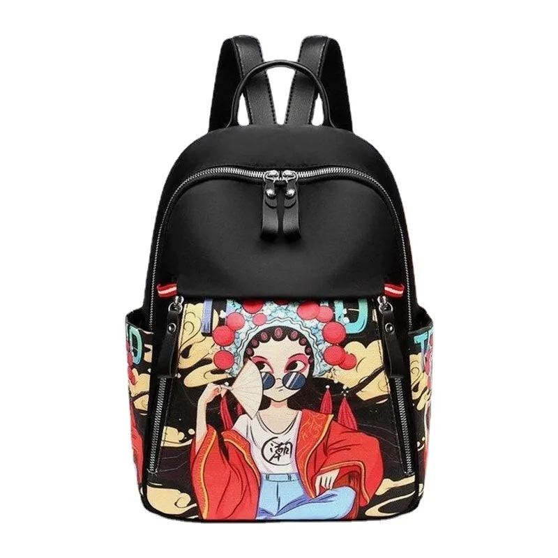 Women Cartoon Peking Opera Characters Printed Backpack Large Capacity Multi-pocket Shoulder Bag