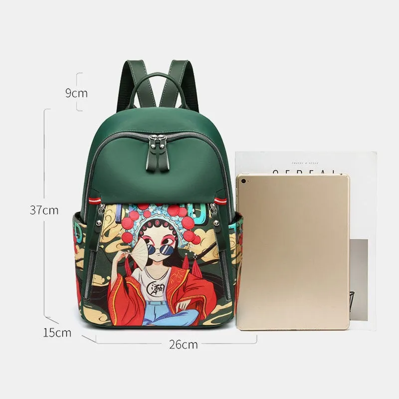 Women Cartoon Peking Opera Characters Printed Backpack Large Capacity Multi-pocket Shoulder Bag