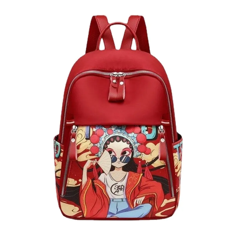 Women Cartoon Peking Opera Characters Printed Backpack Large Capacity Multi-pocket Shoulder Bag