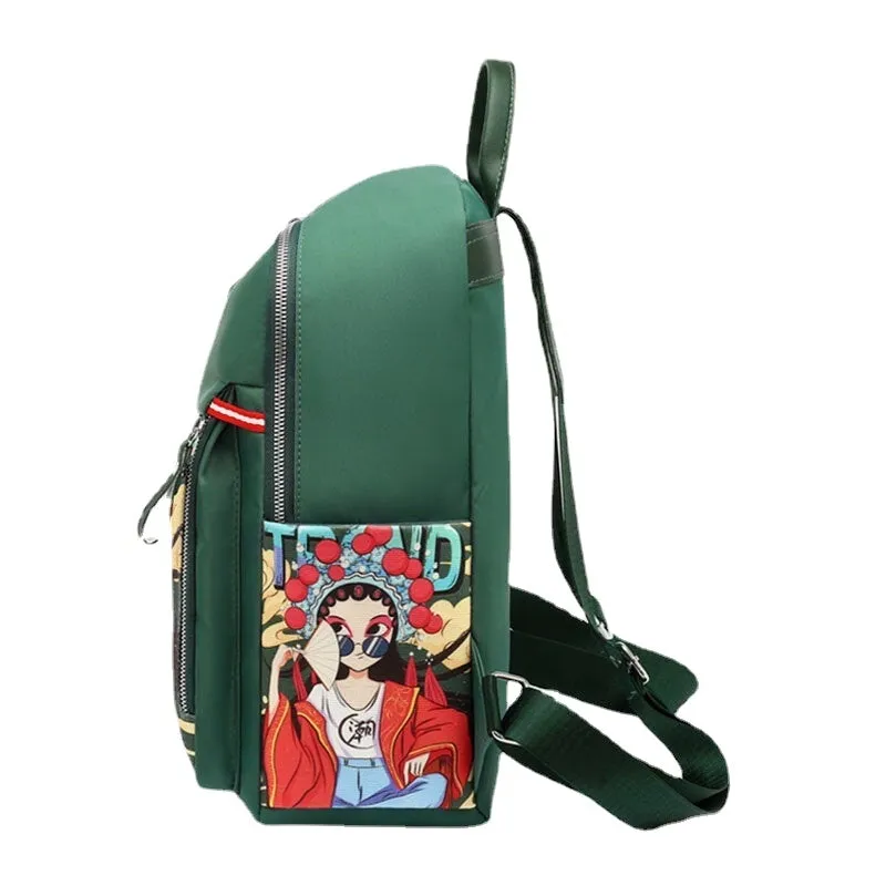 Women Cartoon Peking Opera Characters Printed Backpack Large Capacity Multi-pocket Shoulder Bag