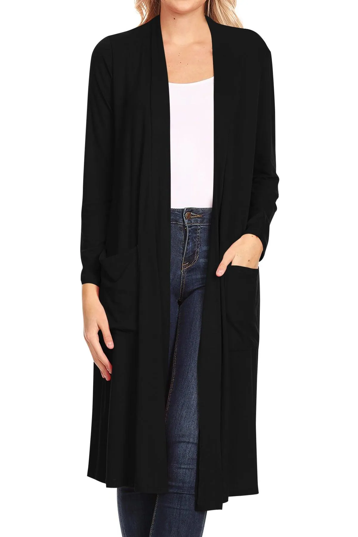 Women's Casual Loose Fit Open Front Side Pockets Solid Soft Long Cardigan