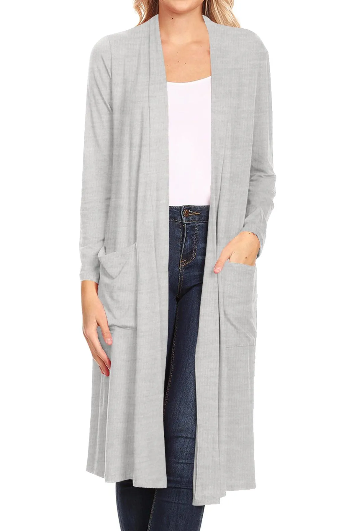 Women's Casual Loose Fit Open Front Side Pockets Solid Soft Long Cardigan