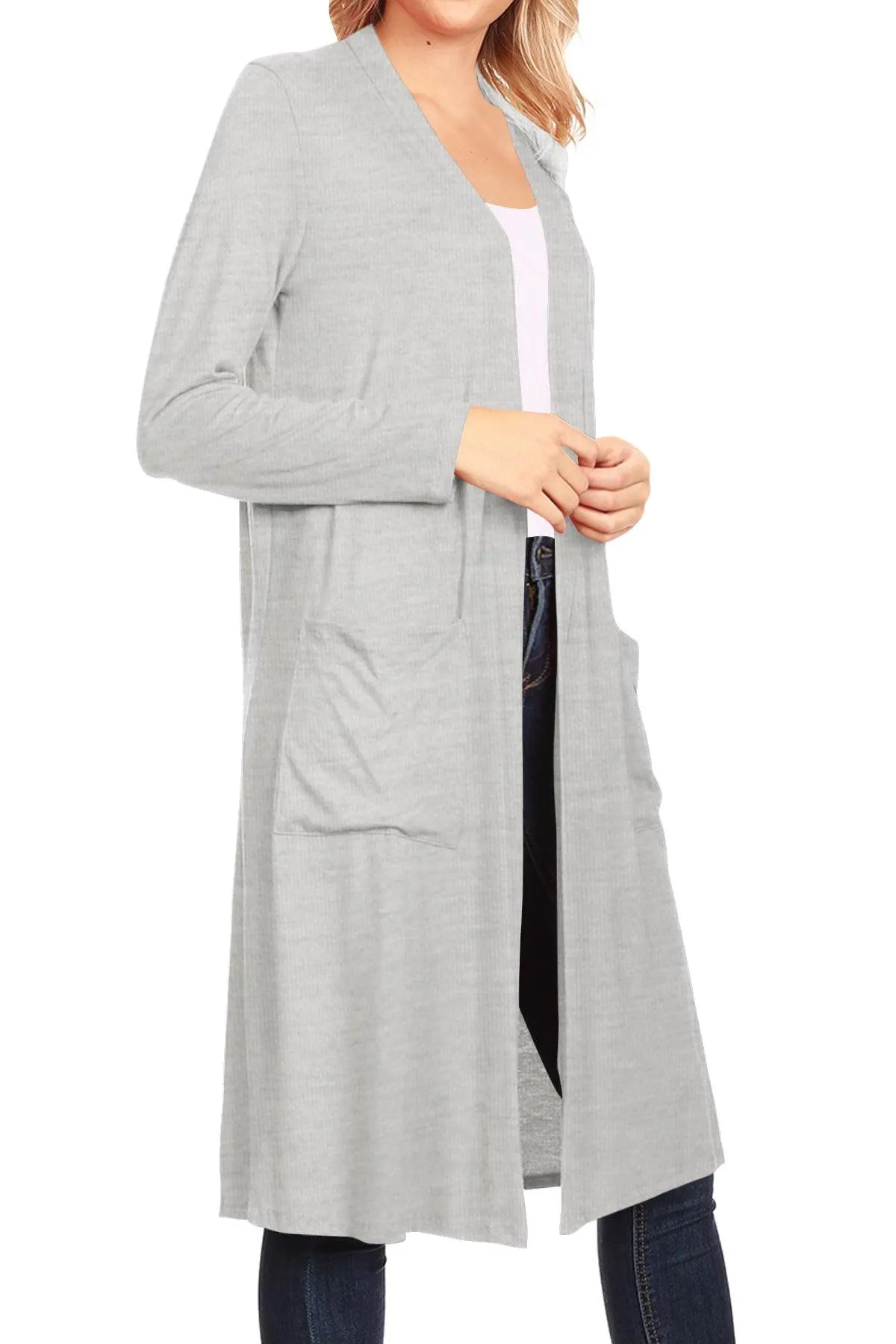 Women's Casual Loose Fit Open Front Side Pockets Solid Soft Long Cardigan