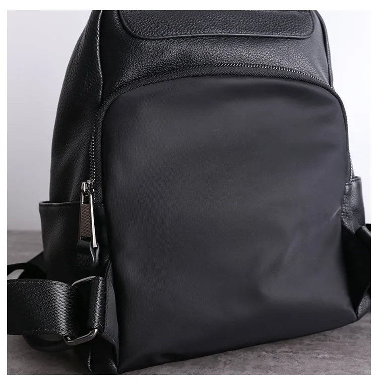 Womens Leather&Nylon Backpack Black Travel Backpack Bag Black Classic School Rucksack for Ladies