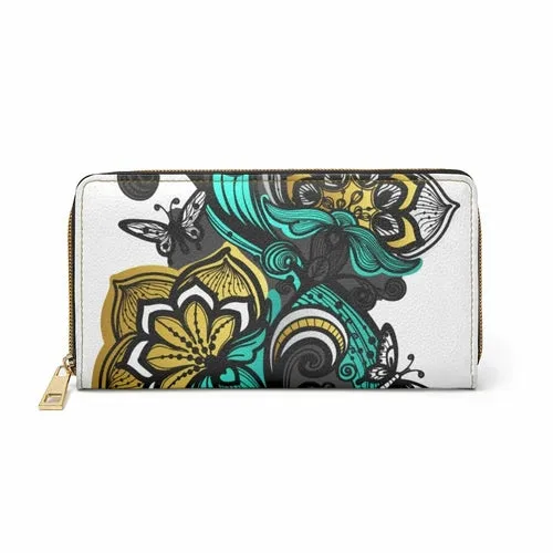 Wristlet Phone Wallet, White and Green Floral Butterfly Style Purse