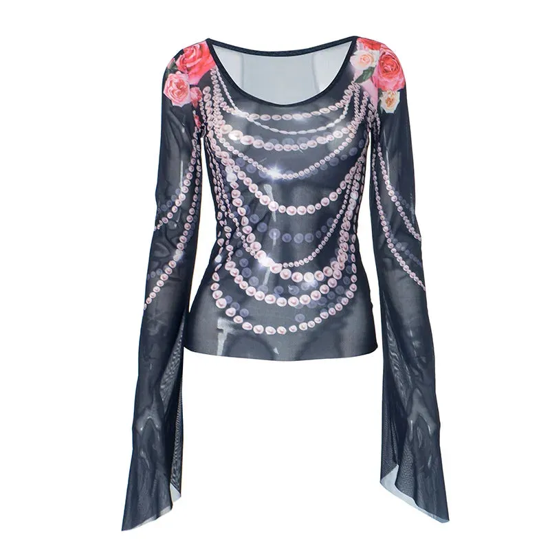 Y2k Graphic Tee Rose Necklace Printed Mesh Sheer Long Sleeve Top Women Shirts & Blouses Fairy Grunge P85-BZ11