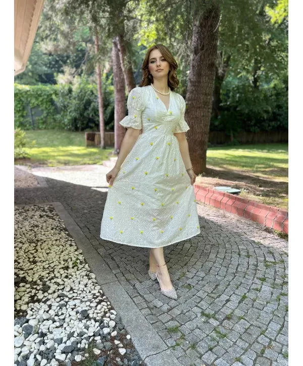 Yellow Floral Dress in Scalloped Fabric