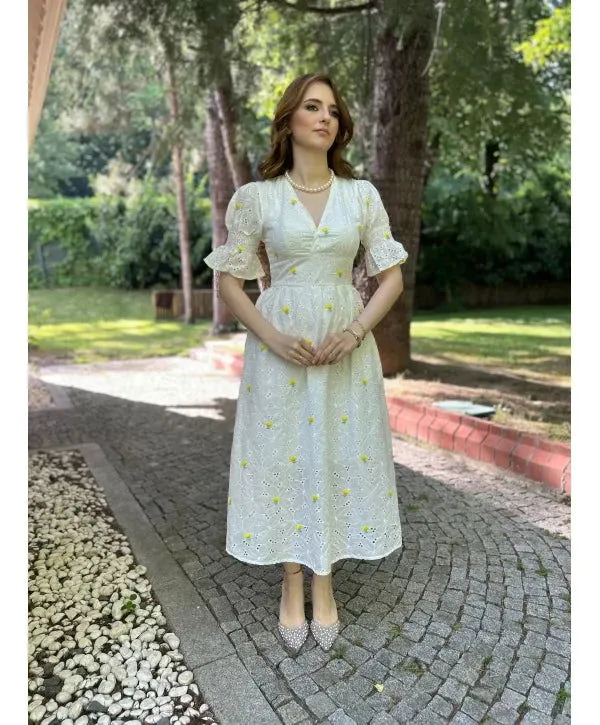 Yellow Floral Dress in Scalloped Fabric