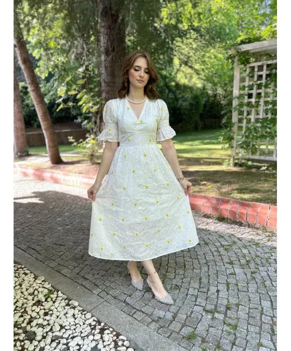 Yellow Floral Dress in Scalloped Fabric