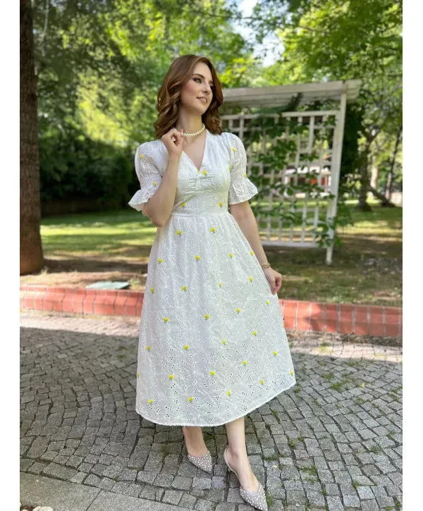 Yellow Floral Dress in Scalloped Fabric