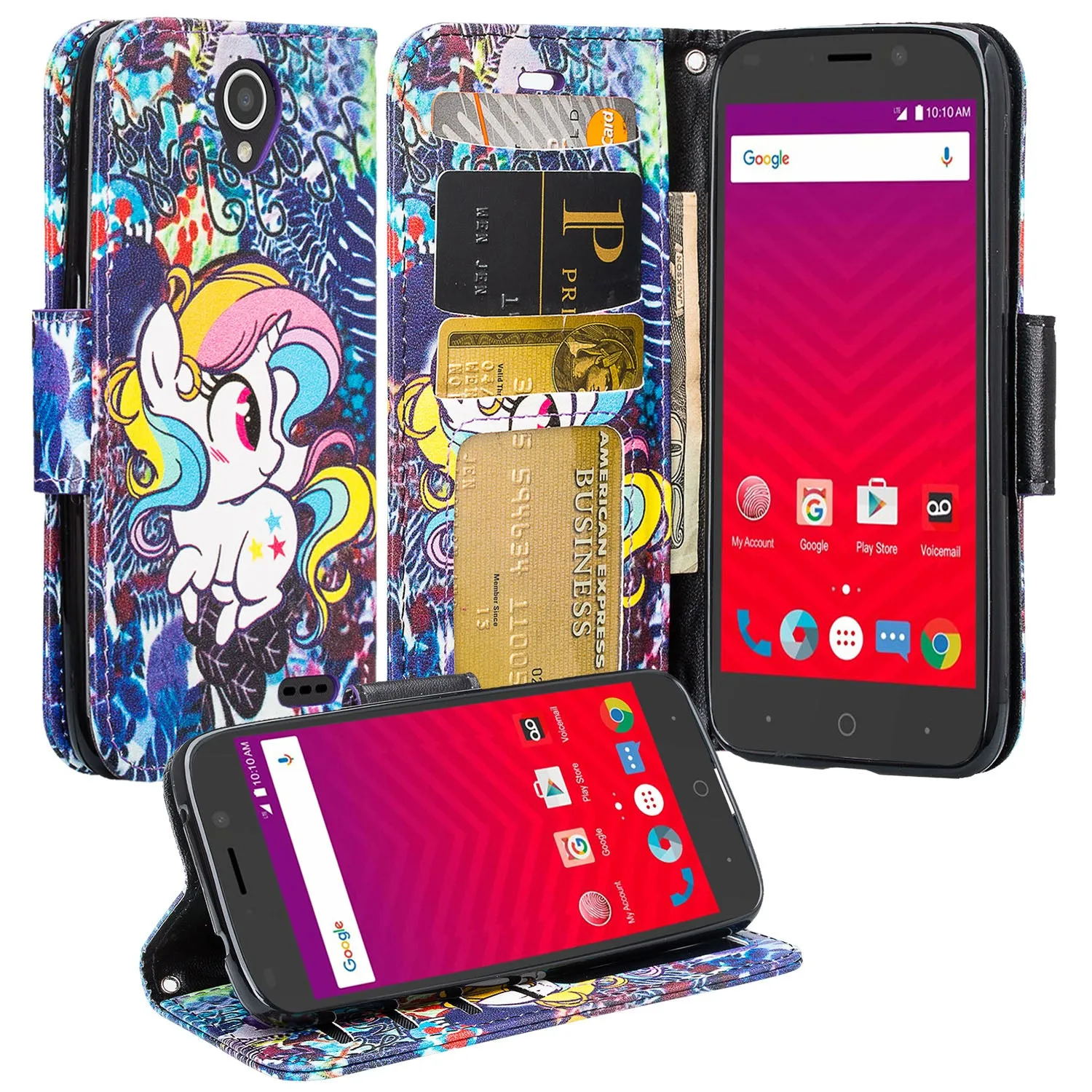 ZTE Prestige 2, Overture 3, Maven 3, Prelude Plus, ZTE 9136, Midnight Pro, Pu Leather Magnetic Flip Fold[Kickstand] Wrist Strap Wallet Case with Card Slots - Rainbow Unicorn