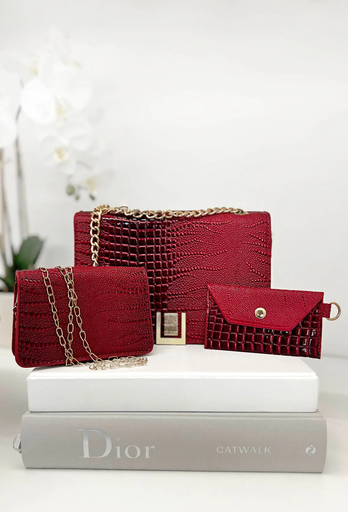 Zuri Wine Faux Croc 3 Piece Bag Set